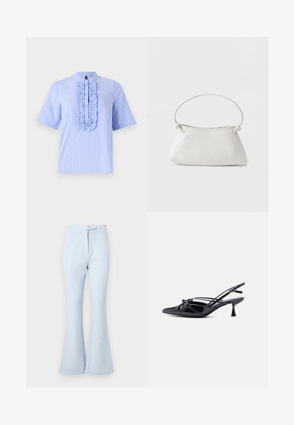 Camisa de manga corta azul claro con rayas blancas verticales, que presenta un plastrón con volantes y un cuello mao. Textura de tela suave.; Pantalones acampanados de color azul claro hechos de una tela suave. Presentan una cintura con lazo para el cinturón, dos bolsillos delanteros y un acabado limpio en los puños.; Zapato de salón slingback de charol negro con punta afilada, tacón bajo tipo kitten, y detalle decorativo de lazo anudado en la parte delantera.; Bolso de mano de cuero blanco tejido con asa redondeada y extremos de la correa anudados, exhibido sobre un fondo liso.