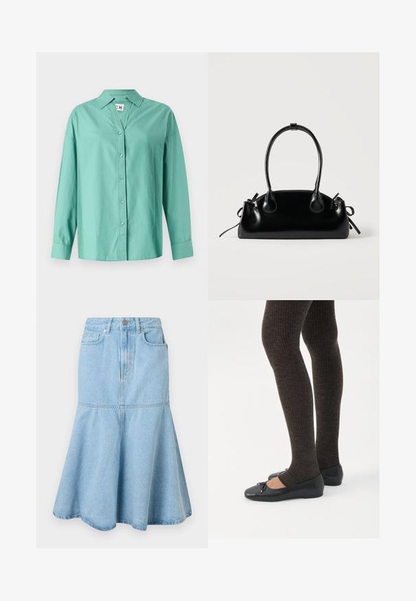 Lichtgroen knoop-overhemd van katoen, met een kraag, lange mouwen en een rechte zoom met een ontspannen pasvorm.; Lichtblauwe denim rok met een uitlopende onderkant, voorzien van een getailleerde taille, zakken en subtiele stikdetails.; Benen met donkere geribbelde leggings gecombineerd met zwarte ballerina's met kleine strikdetails op een witte achtergrond.; Kleine zwarte glanzende handtas met twee lange hengsels en zijkant trekkoord details op een effen lichte achtergrond.
