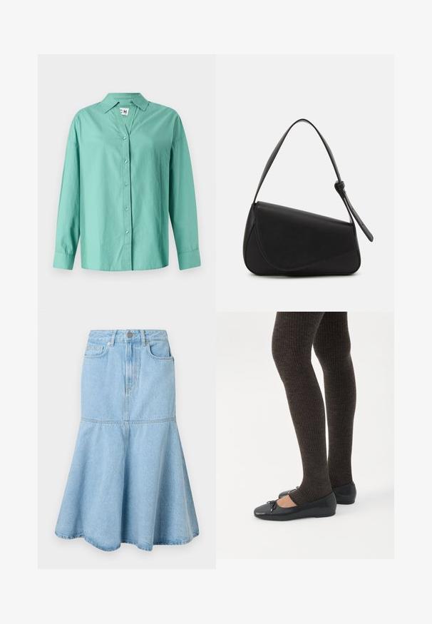Lys grøn button-up skjorte lavet af bomuld, med krave, lange ærmer og lige kant med en afslappet pasform.; Lyselilla denimnederdel med en flagrende bund, der har en tætsiddende talje, lommer og subtile syninger.; Ben iført mørke ribbede leggings kombineret med sorte balletsko med små sløjfedetaljer på hvid baggrund.; Sort læderhåndtaske med en triangular form, skrå klap og et rundt håndtag. Har en glat overflade og minimalistiske design detaljer.