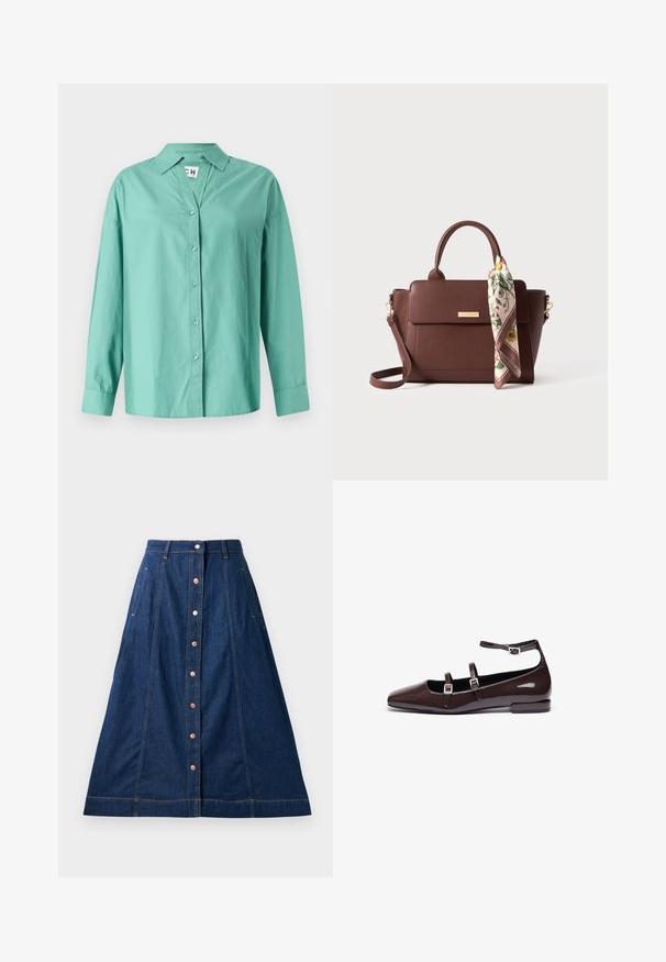 Camisa abotonada verde claro hecha de algodón, con cuello, mangas largas y un dobladillo recto con un corte relajado.; Falda de mezclilla en forma de A en azul oscuro con cierre de botones en el frente, que cuenta con bolsillos, costuras en contraste y longitud a media pantorrilla.; Bailarinas de charol marrón con punta afilada, que presentan dos correas ajustables y hebillas de plata, además de un tacón cuadrado bajo.; Bolso de cuero marrón con asas superiores y una correa de hombro desmontable. Incluye una bufanda con un patrón floral atada al asa. Detalles en dorado.