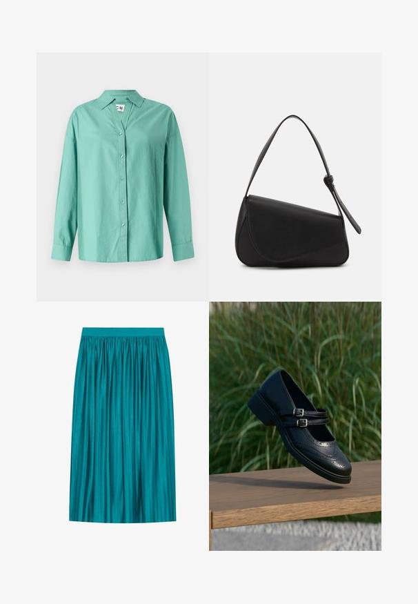 Lichtgroen knoop-overhemd van katoen, met een kraag, lange mouwen en een rechte zoom met een ontspannen pasvorm.; Teal plissé rok met een elastische tailleband, gemaakt van glanzende stof met verticale strepen, knielange ontwerp, gladde textuur.; Zwarte leren Mary Jane-schoen met dubbele gespsluitingen en brogue-details, zwevend boven een houten bankje met groene grasachtergrond.; Zwart leren handtas met een driehoekige vorm, schuine klep en een ronde handgreep. Heeft een gladde textuur en minimalistische ontwerpelementen.