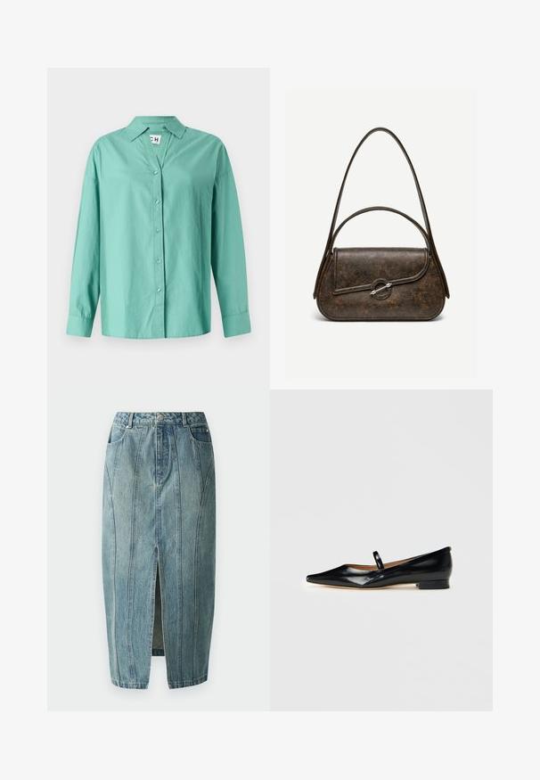 Lys grøn button-up skjorte lavet af bomuld, med krave, lange ærmer og lige kant med en afslappet pasform.; Copenhagen Muse JEANNE SKIRT - Denimnederdele - medium dirty washed denim; Sorte patenterede læder Mary Jane flade sko med spids tå, én rem og lav hæl på ensfarvet baggrund.; Mørkebrun tekstureret læderhåndtaske med to stropper, afrundet rektangulær form og sølvfarvet cirkulært låsespænde på frontklap.