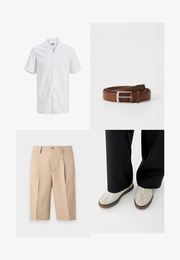 Chemise blanche à manches courtes, col à revers, boutons clairs et motif texturé subtil, présentée sur un fond uni.; Short beige sur mesure longueur genoux avec passants de ceinture, bouton devant, braguette à fermeture éclair et plis devant sur fond gris clair.; Pieds portant des baskets beige avec des semelles marron et un pantalon noir à jambes larges sur fond blanc.; Ceinture en cuir brun au fini lisse, avec une boucle en métal argenté et une couture subtile le long des bords. Design classique et durable.