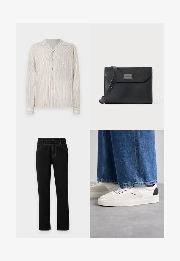 Langærmet skjorte med knaplukning i et let creme- og tan-farvet vertikalt stribemønster. Lavet af tekstureret stof, med en klassisk krave og brystlomme.; Sorte denim jeans med lige pasform, prydet med gule syninger, fem lommer og en frontlukning med knap. Glat tekstur og minimalistisk design.; Hvide og sorte sneakers med en glat læderoverdel, teksturerede detaljer og en kraftig hvid sål. Har et klassisk snørebåndsdesign.; Sort struktureret læder crossbody taske med justerbar rem og metal logo plade foran, rektangulært konvolutlåg.