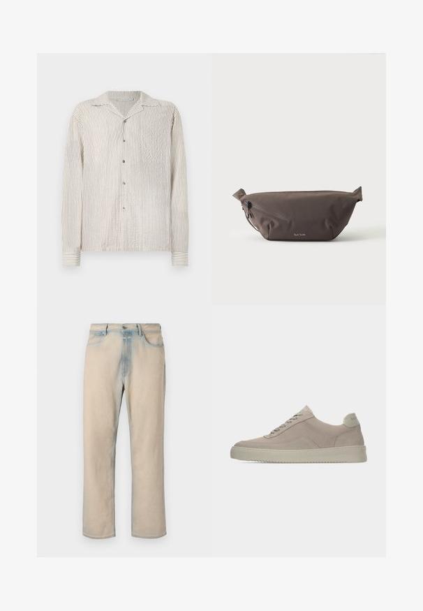 Langärmliges, knöpfbares Hemd mit einem hellcremefarbenen und sandfarbenen vertikalen Streifenmuster. Hergestellt aus strukturiertem Stoff, mit einem klassischen Kragen und Brusttasche.; Helle beige Jeans aus Denim mit geradem Bein, verblassten blauen Akzenten, fünf Taschen und einem Knopfverschluss an der Taille.; Beige Wildledersneaker mit strukturierter Oberfläche, abgerundeter Zehenpartie und tonalen Schnürsenkeln. Verfügt über eine dicke Gummisohle und dezente Markenkennzeichnung an der Ferse.; Dunkelbraune Stoff-Gürteltasche mit diagonalem Reißverschlussfach und kleinem weißen Logo vorne, vor einem einfarbigen hellen Hintergrund.