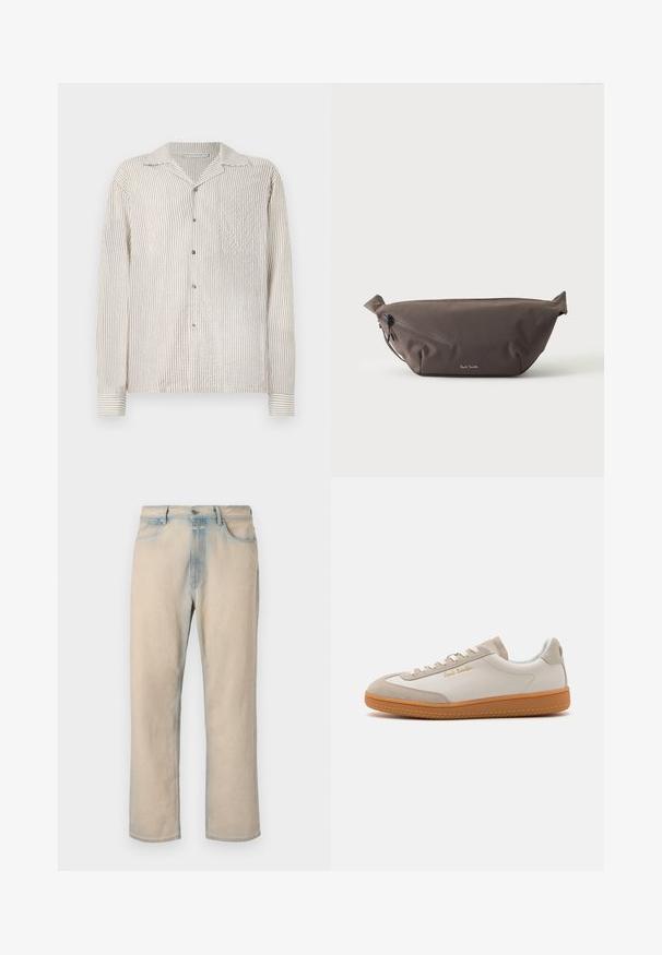 Langærmet skjorte med knaplukning i et let creme- og tan-farvet vertikalt stribemønster. Lavet af tekstureret stof, med en klassisk krave og brystlomme.; Lyse beige denim jeans med lige ben design, falmede blå detaljer, fem lommer og en knaplukning i taljen.; Hvide og beige lavtoppede sneakers med gummisål, hvide snørebånd, detaljer i ruskind og guld "Paul Smith" logo på siden.; Mørkebrun stof talje taske med diagonalt lynlåslomme og lille hvidt logo på fronten, sat mod en ensfarvet lys baggrund.