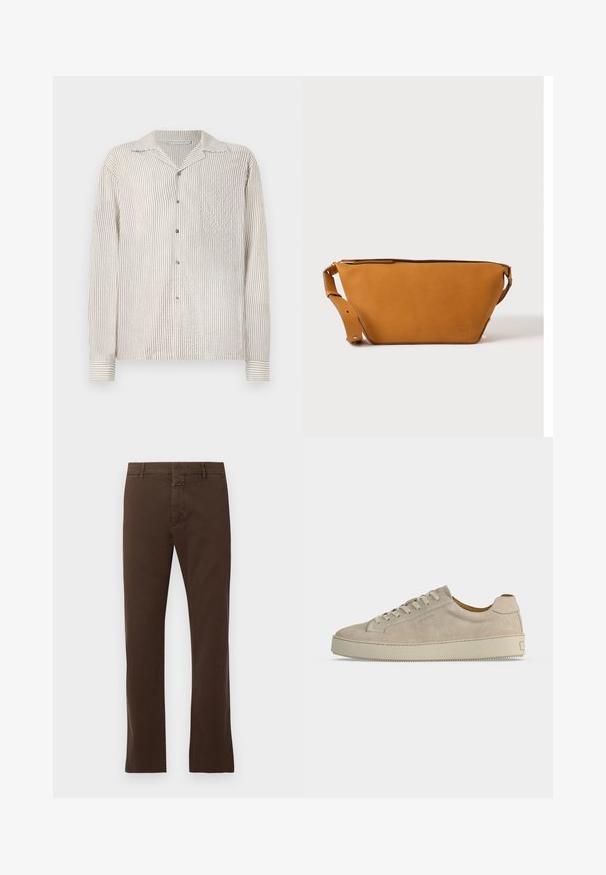 Langärmliges, knöpfbares Hemd mit einem hellcremefarbenen und sandfarbenen vertikalen Streifenmuster. Hergestellt aus strukturiertem Stoff, mit einem klassischen Kragen und Brusttasche.; CLOSED CLIFTON TRUE - Chino - espresso brown; Beiger Wildleder-Low-Top-Sneaker mit Schnürverschluss und dicker Gummisohle, von der Seite auf weißem Hintergrund gezeigt.; Hellbraune Leder-Umhängetasche mit verstellbarem Schulterriemen und Reißverschluss, vor einem schlichten hellen Hintergrund gezeigt.