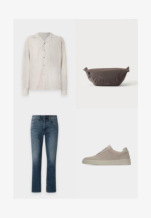 Langærmet skjorte med knaplukning i et let creme- og tan-farvet vertikalt stribemønster. Lavet af tekstureret stof, med en klassisk krave og brystlomme.; Mørkeblå denimjeans med lige ben. Funktionen inkluderer forlommer, en knaplukning og diskrete slidmærker nær lårene.; Beige ruskindssneakers med en tekstureret finish, rund tå og tonale snørebånd. Har en tyk gummisål og diskret branding på hælen.; Mørkebrun stof talje taske med diagonalt lynlåslomme og lille hvidt logo på fronten, sat mod en ensfarvet lys baggrund.