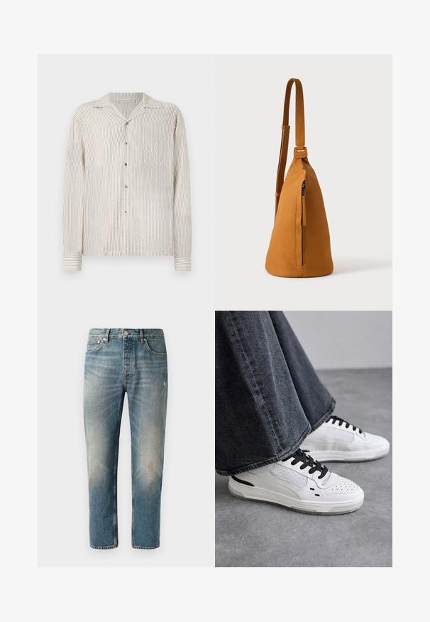 Camisa de manga larga con botones, de patrón de rayas verticales en crema claro y beige. Fabricada con un tejido texturizado, cuenta con un cuello clásico y un bolsillo en el pecho.; Jeans de mezclilla azul claro con corte recto. Presentan un cierre de botón, cinco bolsillos y áreas de desgaste sutil y desteñido en los muslos.; Zapatillas blancas con cordones negros y detalles de malla. Presenta un upper de cuero liso y una suela de goma texturizada. Combinadas con unos vaqueros de pierna ancha en gris.; Bolso bandolera de piel color canela con correa ajustable y bolsillo vertical con cremallera, mostrado de lado sobre un fondo claro y liso.