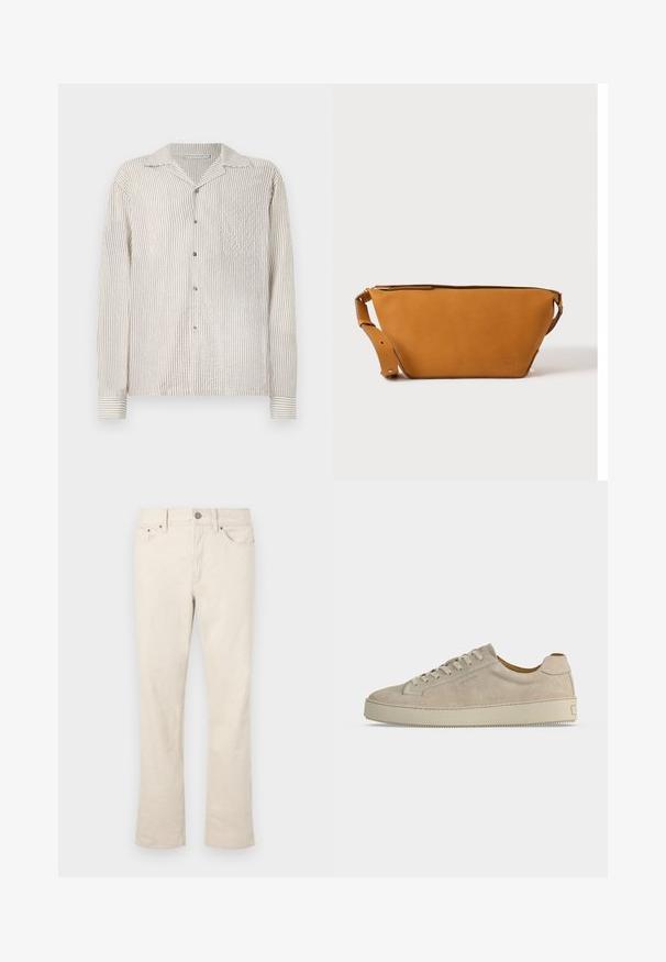 Langärmliges, knöpfbares Hemd mit einem hellcremefarbenen und sandfarbenen vertikalen Streifenmuster. Hergestellt aus strukturiertem Stoff, mit einem klassischen Kragen und Brusttasche.; Beige Jeans aus Baumwollmischung mit geradem Bein. Sie verfügen über einen vorderen Knopf- und Reißverschluss, fünf Taschen und dezente Nähte.; Beiger Wildleder-Low-Top-Sneaker mit Schnürverschluss und dicker Gummisohle, von der Seite auf weißem Hintergrund gezeigt.; Hellbraune Leder-Umhängetasche mit verstellbarem Schulterriemen und Reißverschluss, vor einem schlichten hellen Hintergrund gezeigt.
