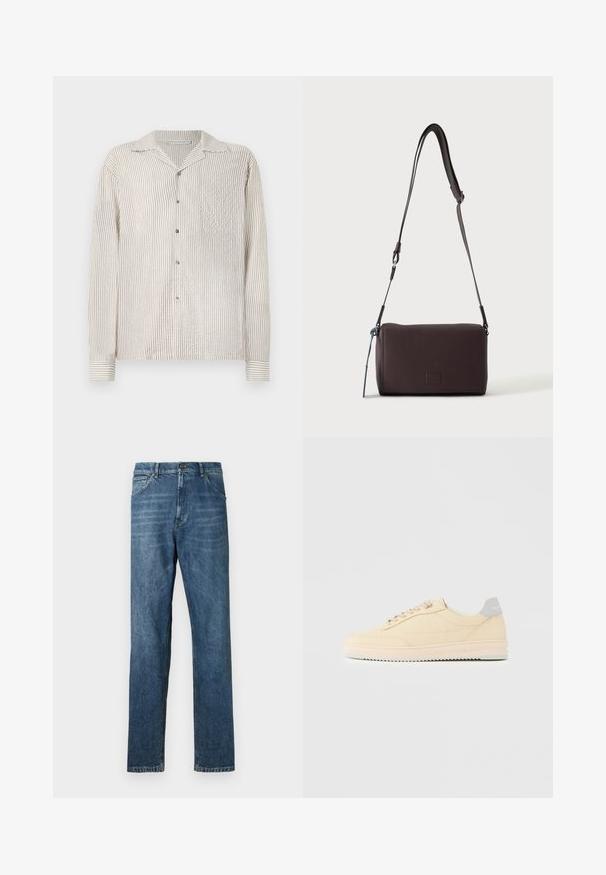 Chemise à manches longues, à boutons, avec un motif rayé vertical de crème clair et de beige. Fabriquée en tissu texturé, elle présente un col classique et une poche poitrine.; Jeans en denim bleu foncé, design à jambe droite, style à cinq poches, couture visible et fermeture à bouton classique. Effet de délavage léger sur le tissu.; Baskets basses beige à lacets, semelle rose clair et languette grise à l'arrière marquée "Filling Pieces", vues de profil sur fond uni.; Sac bandoulière en cuir marron foncé texturé avec une sangle réglable et un petit accent décoratif bleu sur le côté.
