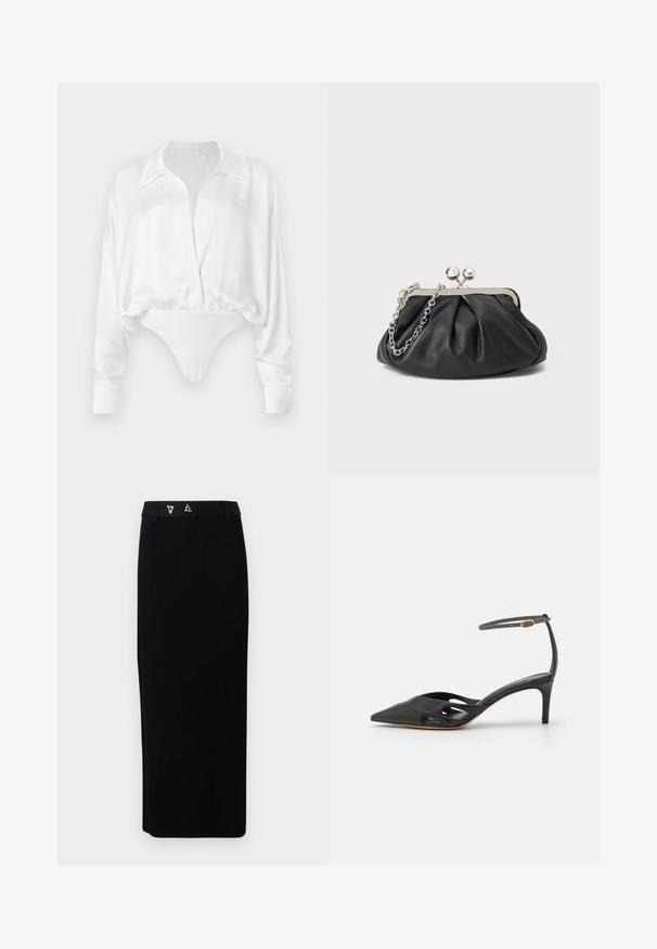 Hvid satin langærmet bluse med knaplukning foran, afslappet pasform og cropped design, der smelter sammen med en bodysuit bund. Glat tekstur.; AERON FORUM - Pencil skirt - black; Sort læder højhælet sko med spids tå, åbne sider og en tynd ankelrem med en lille guld detalje.; Sort læder clutch med samlet tekstur, sølvfarvet metalramme, kys-lås lukning og kædestrop. Glat, blød overflade.