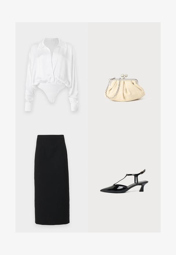 Witte satijnen blouse met lange mouwen, knoopsluiting aan de voorkant, relaxte pasvorm en een cropped ontwerp dat overgaat in een bodysuit onderkant. Zachte textuur.; Zwarte midi-rok, op maat gemaakt ontwerp, gestructureerde stof, rechte vorm, met een gladde textuur en subtiele plooien aan de voorkant.; Zwarte pumps van lakleer met spits toelopende neus, T-strap en lage schuine blokhak op witte achtergrond.; Geplooide beige leren clutch met een zilveren metalen frame, voorzien van twee ronde decoratieve sluitingen en een zilveren kettingriem.