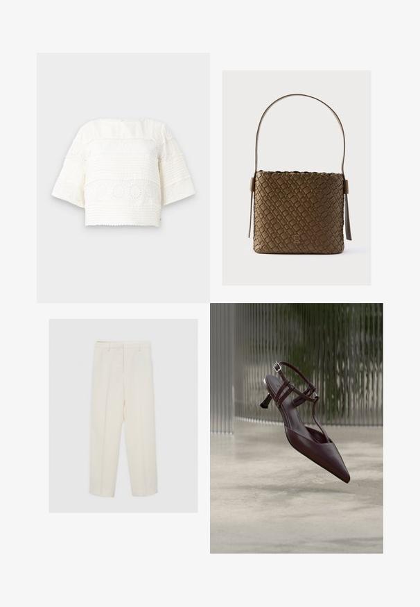 Wit cropped top met korte mouwen, voorzien van getextureerde strepen en bloemenogenpatronen. Zacht stof en ronde halslijn.; Crèmekleurige, op maat gemaakte broek met riemlussen en voorplooi, weergegeven op een effen lichte achtergrond.; Donkerbruine leren slingback pump met een puntige neus, dunne bandjes en een kleine gebogen kittenhak, weergegeven tegen een abstracte achtergrond.; Bruine geweven handtas met een gestructureerde vorm, een platte bodem en een enkele, gebogen schouderriem. Voorzien van een metalen logo aan de voorkant.