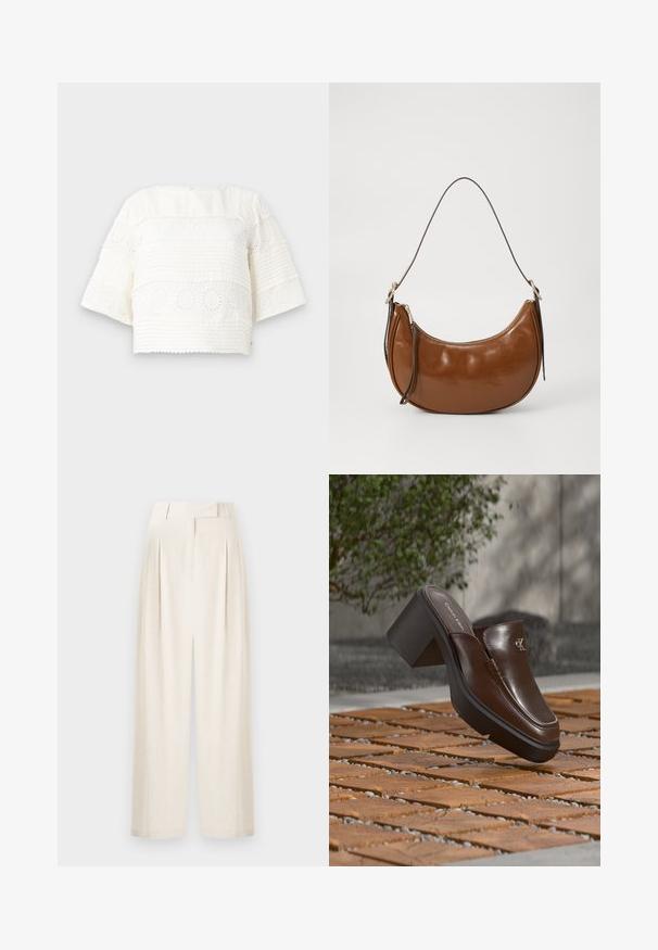 Wit cropped top met korte mouwen, voorzien van getextureerde strepen en bloemenogenpatronen. Zacht stof en ronde halslijn.; Crème-kleurige wijde broek van textuurstof, met een hoge taille, plooien en een rechte snit.; Bruine leren Calvin Klein mule met hak die boven houten tegelvloer zweeft met een vervaagde groene plant en muur op de achtergrond.; Bruine faux leren tas met een gebogen ontwerp, ritssluiting en een enkele bruine schouderband. Gladde textuur met een glanzende afwerking en minimale hardware.