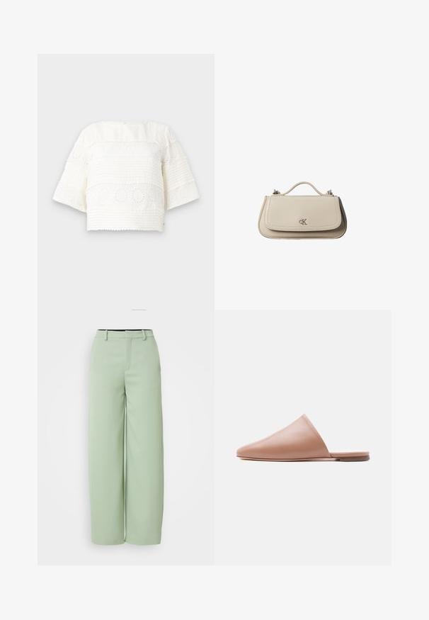 Wit cropped top met korte mouwen, voorzien van getextureerde strepen en bloemenogenpatronen. Zacht stof en ronde halslijn.; Lichtgroene wijde broek van gladde stof. Heeft een platte taille, riemlussen en een getailleerde pasvorm zonder zichtbare hardware.; Beige leren mule zonder achterkant met puntige neus en platte zool, zijaanzicht op een egale lichte achtergrond.; Kleine beige leren handtas met bovenhandvat en zilveren CK-logo op de voorflap, getoond tegen een witte achtergrond.