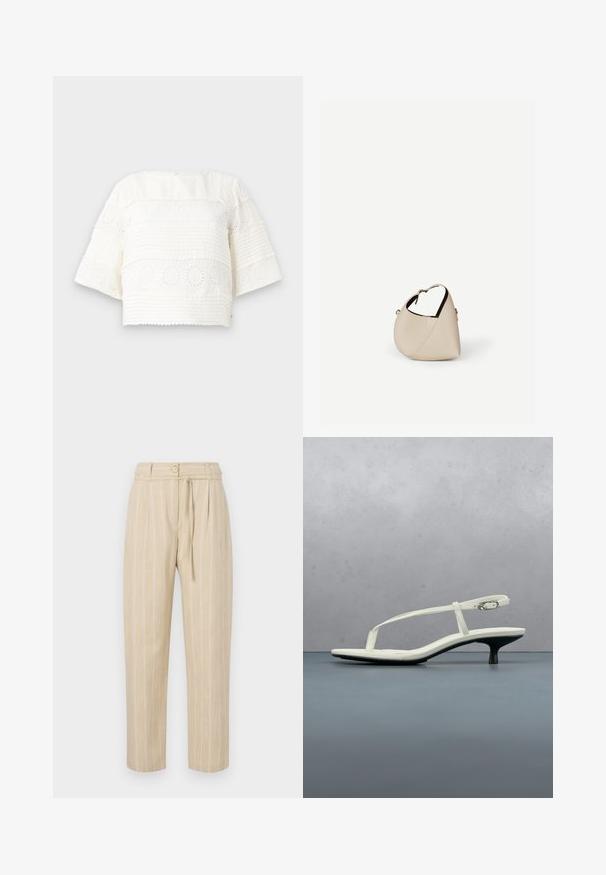 Wit cropped top met korte mouwen, voorzien van getextureerde strepen en bloemenogenpatronen. Zacht stof en ronde halslijn.; Beige gestreepte broek met een relaxte pasvorm, voorzien van een geplooid taille, knoopsluiting en strikceintuur, gemaakt van lichtgewicht stof.; Witte sandaal met smalle bandjes en kitten heel, met een spitse neus, zwevend boven een houten tegelvloer buiten, met op de achtergrond een wazige plant en muur.; Beige leren handtas in halvemaanvorm met een enkele schouderband en minimale stiksels, afgebeeld tegen een effen witte achtergrond.