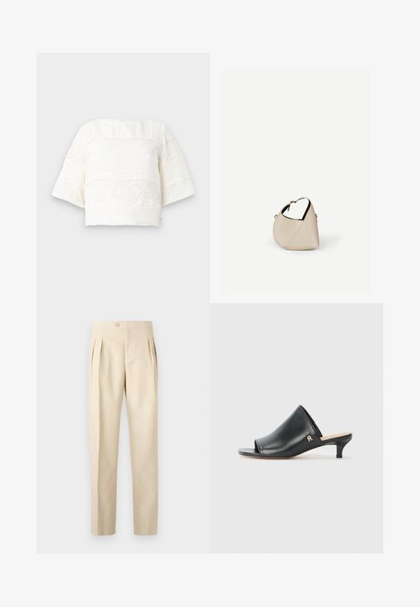 Wit cropped top met korte mouwen, voorzien van getextureerde strepen en bloemenogenpatronen. Zacht stof en ronde halslijn.; Beige, hoge taille broek met voorplooien, een enkele knoopsluiting en een rechte pijp. Gemaakt van een gestructureerde, geweven stof.; Zwarte leren open teen muiltjes met een lage hak. Heeft een glad oppervlak en een gouden logo accent aan de zijkant.; Beige leren handtas in halvemaanvorm met een enkele schouderband en minimale stiksels, afgebeeld tegen een effen witte achtergrond.