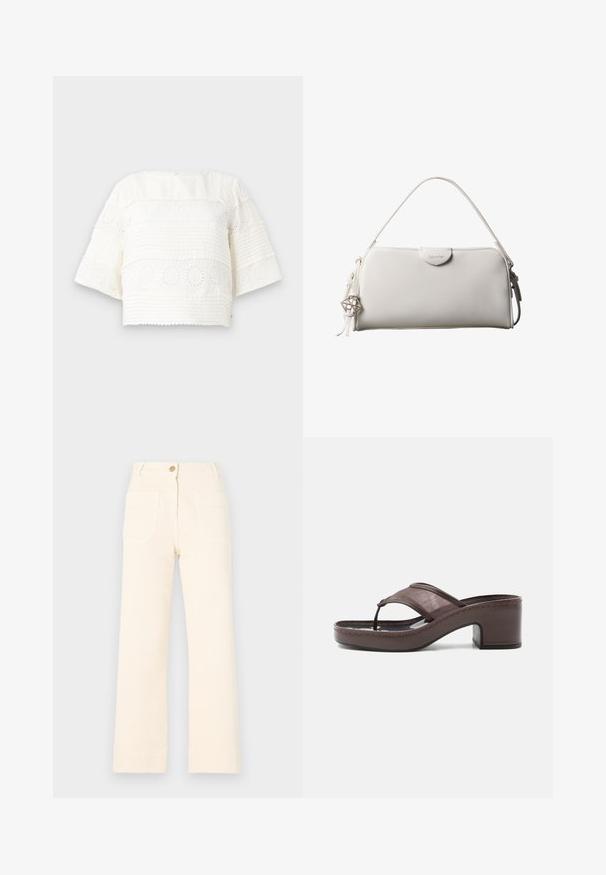 Wit cropped top met korte mouwen, voorzien van getextureerde strepen en bloemenogenpatronen. Zacht stof en ronde halslijn.; Beige wijde broek van katoen met een knoopsluiting aan de voorkant en twee grote achterzakken. Een gladde textuur en afgewerkte zoom.; Bruine sandaal met hak, voorzien van een mesh bandje en teenslipperontwerp, met blokhak en gestikte zool, zijaanzicht op witte achtergrond.; Witte rechthoekige Calvin Klein handtas met enkele handgreep, minimalistisch ontwerp en decoratieve kwastjes met geometrische metalen hanger aan de zijkant.