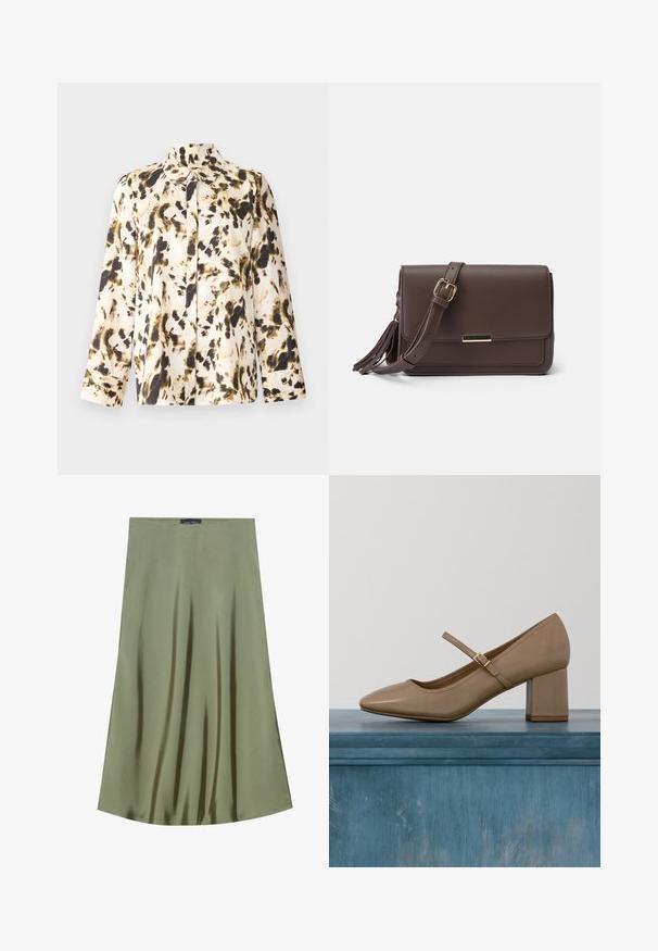 Kerge kangast pikad varrukad blouse, millel on beež taust mustade ja oliivroheliste abstraktsete laikudega, nupuga esiosa ja terava kraega.; Olive rohelise värvi midi seelik, mis on valmistatud siledast kangast ja omab voolavat disaini ning tagasihoidlikku läiget, sirge vöökoht.; Beežist nahast plokktallaga kinga ümmarguse varbaosaga ja dekoratiivse rihmaga, millel on kuldne pandel. Sile tekstuur, minimalistlik disain.; Pruun faux nahast ülekande kott, millel on klapp sulgemine, kuldse tooni riistvara ja küljetasku detailid. Reguleeritav rihm mitmekesiste kandmisvõimaluste jaoks.