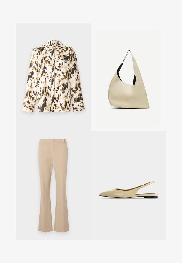 Blusa de manga larga en tejido ligero con base beige y manchas abstractas en negro y verde oliva, con cierre de botones en la parte delantera y cuello puntiagudo.; Pantalones beige ajustados de corte recto, con frente plano, trabillas para cinturón y una textura suave. Sin bolsillos ni patrones visibles.; Zapato plano beige con puntera puntiaguda, diseño slingback, tacón bajo negro y acabado en cuero liso, mostrado de perfil sobre un fondo liso.; Bolso de hombro de cuero liso color crema con forma triangular curva y correa ajustable con hebilla plateada.
