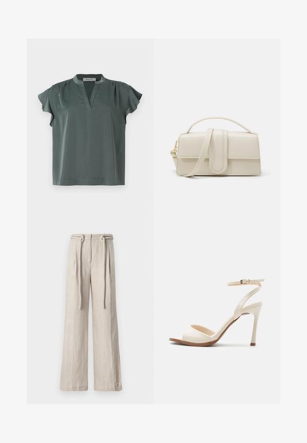 Blouse à manches courtes couleur olive en tissu lisse avec un col en V et des détails plissés aux épaules. Coupe décontractée avec un ourlet droit.; Pantalons larges en lin beige clair avec une taille haute, des plis avant et un détail de ceinture nouée. Texture lisse et coupe décontractée.; Sandale à talon haut beige avec fine bride de cheville et boucle dorée, bout ouvert et talon aiguille élégant sur fond blanc.; Sac à main en cuir couleur crème, de forme rectangulaire, avec une poignée plate et une bandoulière détachable ; présente un rabat à l'avant avec une fermeture magnétique.
