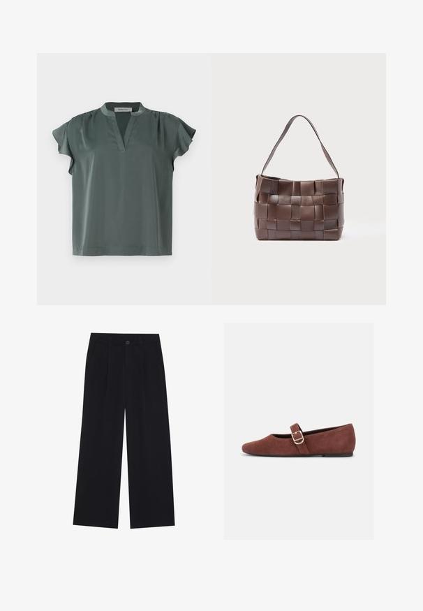 Blouse à manches courtes couleur olive en tissu lisse avec un col en V et des détails plissés aux épaules. Coupe décontractée avec un ourlet droit.; Pantalons larges noirs en tissu lisse. Comprend des plis à l'avant, une fermeture à bouton et des poches latérales. Design simple sans motifs.; Chaussure plate Mary Jane en suède marron avec une bride à boucle dorée et une semelle noire sur fond blanc.; Sac à bandoulière en cuir marron avec de larges bandes tissées formant un motif en grille et une seule sangle plate.