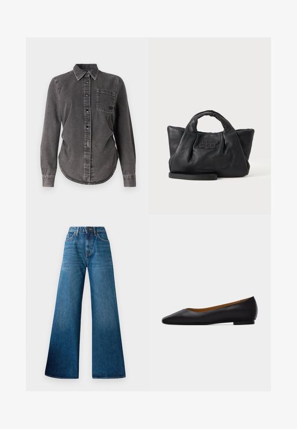 Donkergrijze denimshirt met lange mouwen, knoopsluiting, spitse kraag, een enkele borstzak en een afgeronde zoom. Gecoate oppervlakte met zichtbare stiksels.; Blauwe denim wijd-uitlopende jeans met een hoge taille, lichte vervaging, klassiek vijf-pocket ontwerp en een knoopsluiting aan de voorkant.; Zwarte leren puntschoen met lage hak en gladde afwerking, zijaanzicht op een lichtgrijze achtergrond.; Zwarte zachte leren handtas met korte handvatten, een afneembare riem en een gestikt logo aan de voorkant, op een effen lichte achtergrond.