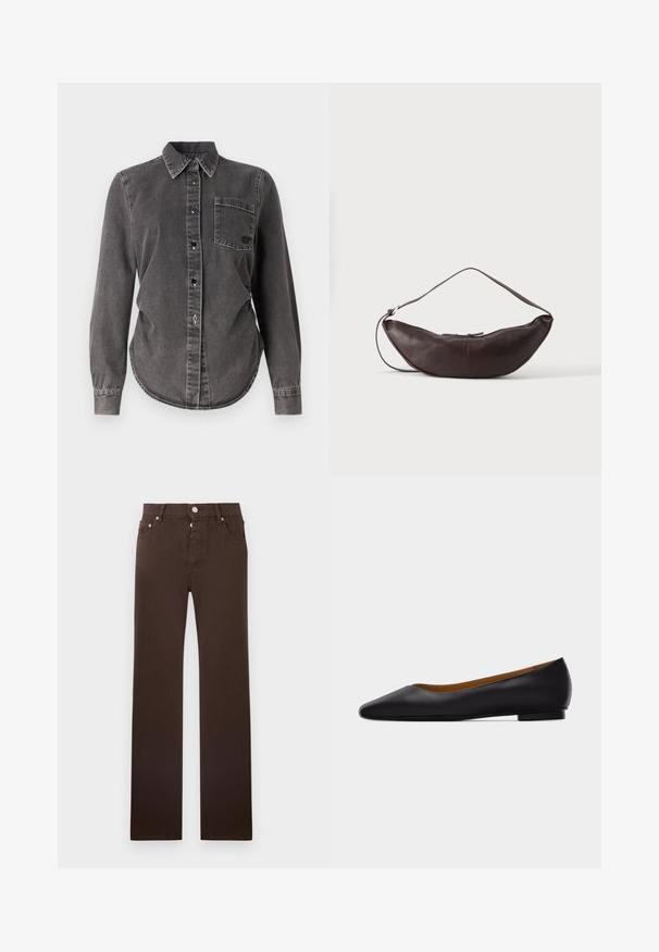 Donkergrijze denimshirt met lange mouwen, knoopsluiting, spitse kraag, een enkele borstzak en een afgeronde zoom. Gecoate oppervlakte met zichtbare stiksels.; Bruine jeans met rechte pijpen, gemaakt van een katoenmix, voorzien van een knoopsluiting, vijf zakken en strakke lijnen zonder patronen.; Zwarte leren puntschoen met lage hak en gladde afwerking, zijaanzicht op een lichtgrijze achtergrond.; Donkerbruine leren schoudertas in halve maan vorm met een gebogen band en zichtbare stiksels op een effen achtergrond.