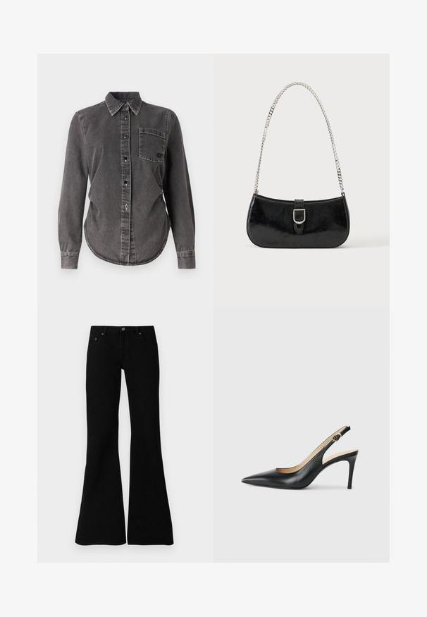Dunkelgraues Jeanshemd mit langen Ärmeln, Knopfleiste, spitzem Kragen, einer Brusttasche und abgerundetem Saum. Strukturiert mit sichtbaren Nähten.; Schwarze Bootcut-Jeans aus Denim, die über ein klassisches Fünf-Taschen-Design, einen Knopfverschluss und dezente Nähte entlang der Säume verfügen.; Schwarze Leder-Slingback-High-Heels mit spitzem Zehenbereich, verstellbarem Riemen und schlankem Stiletto-Absatz, ausgestattet mit einer glatten Oberfläche.; Schwarze Schultertasche aus Lackleder mit silberner Schnalle und silbernem Kettenriemen, auf hellem einfarbigen Hintergrund präsentiert.