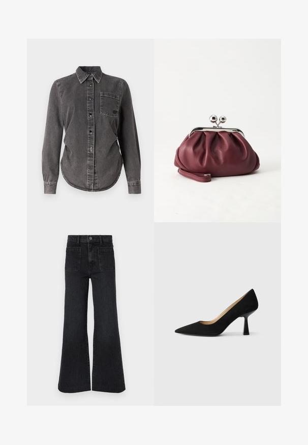 Donkergrijze denimshirt met lange mouwen, knoopsluiting, spitse kraag, een enkele borstzak en een afgeronde zoom. Gecoate oppervlakte met zichtbare stiksels.; Zwarte high-waist uitlopende jeans met riemlussen, knoop aan de voorkant, rits en twee grote voorzakken op een witte achtergrond.; Zwarte suède high-heeled pump met een spitse neus, voorzien van een glanzende zwarte blokhak en een gladde binnenvoering.; Kleine bordeauxrode leren clutch-portemonnee met zilverkleurige metalen sluiting en polsbandje op een witte achtergrond.