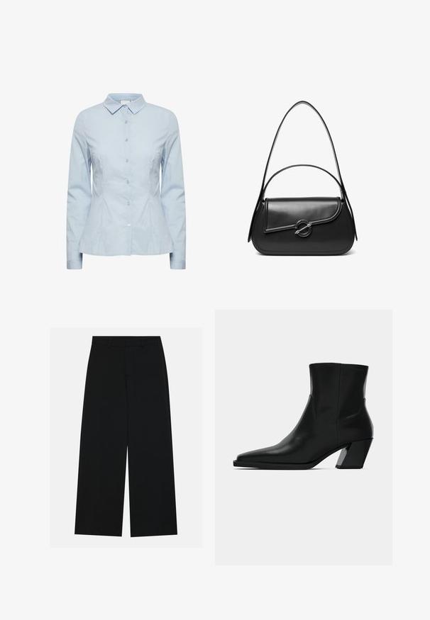 Chemise cintrée bleu clair à manches longues avec boutons, col pointu et coutures princesse sur fond blanc.; Pantalons noirs à jambe large en tissu lisse. Dotés d'une taille plate avec passants de ceinture et sans poches visibles. Design simple.; Bottine en cuir noir avec un bout pointu, une silhouette élégante et un talon carré massif. Texture lisse avec des détails de couture minimalistes.; Sac à bandoulière en cuir noir avec un rabat incurvé fermé par un fermoir métallique rond et une sangle fine et ajustable.