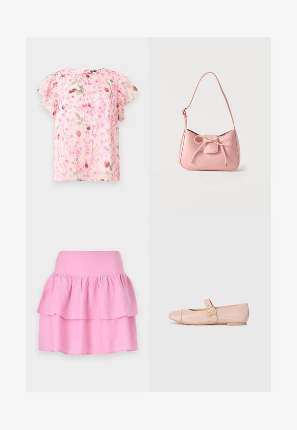 Blouse rose clair à manches courtes avec un motif floral et fraises délicat, dotée de manches à volants et d'un col rond.; Jupe rose à volants avec une large ceinture élastique et deux volants horizontaux. Fabriquée en tissu doux et léger. Texture lisse sans motifs.; Chaussure ballerine rose avec un bout rond, texture nervurée verticale, sangle latérale et détail de boucle, présentant un petit talon et une semelle lisse.; Petit sac bandoulière rose pastel avec sangle réglable et détail nœud à l'avant avec extrémités dorées sur un fond uni.