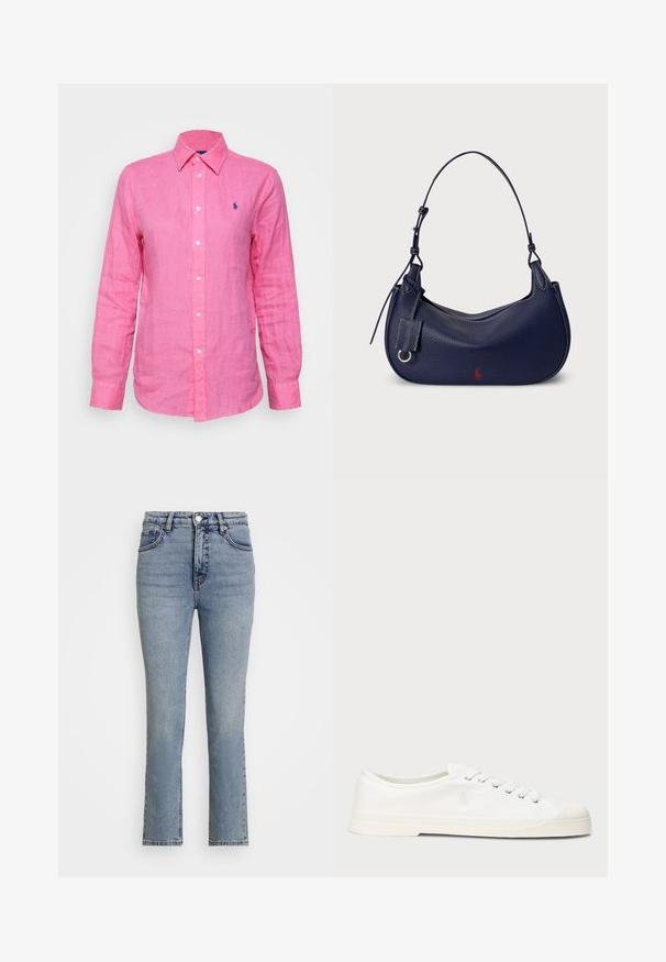Chemise à manches longues et col en lin rose vif, avec un petit logo bleu sur le côté gauche de la poitrine et des boutons blancs sur le devant.; Jeans en denim bleu clair avec une taille haute, des jambes droites et un léger usure. Comprend un bouton en métal et des coutures contrastées.; Sneaker en toile blanche avec un bout rond, fermeture lacée et un détail de logo discret. Caractéristiques d'un tissu texturé et d'une semelle en caoutchouc.; Sac hobo en cuir bleu marine avec une forme incurvée, une finition texturée, une bandoulière réglable et un petit logo rouge en accent sur un côté.
