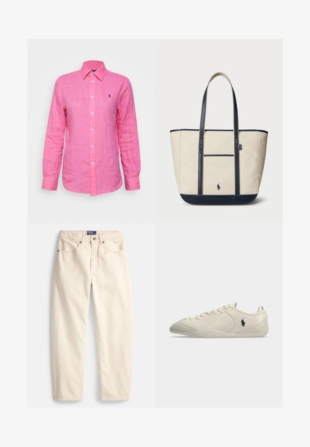 Langærmet, krave skjorte i lys pink linned, med et lille blåt logo på venstre bryst og hvide knapper ned foran.; Jeans i cremefarve lavet af denim med lige ben, forlommer og detaljer med overlock-syning. Lukning med metalknap og lynlås.; Lavprofileret kremfarvet lædersneaker med snørelukning foran, tekstureret sål og sort Polo-spillerlogo på siden.; Lærredstotebags i creme med marineblå accenter. Har to lange håndtag, en frontlomme og et lille logo. Syning detaljer hele vejen igennem.
