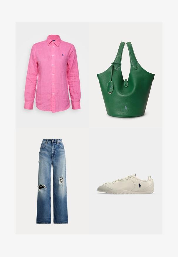 Langærmet, krave skjorte i lys pink linned, med et lille blåt logo på venstre bryst og hvide knapper ned foran.; Bredbenede blå denimjeans med slidte revner ved knæene, med høj talje, knaplukning og klassisk design med fem lommer.; Lavprofileret kremfarvet lædersneaker med snørelukning foran, tekstureret sål og sort Polo-spillerlogo på siden.; Grøn tekstureret lædertaske med dobbelte håndtag, et lille logo foran og en hængende mærkat på en ensfarvet baggrund.