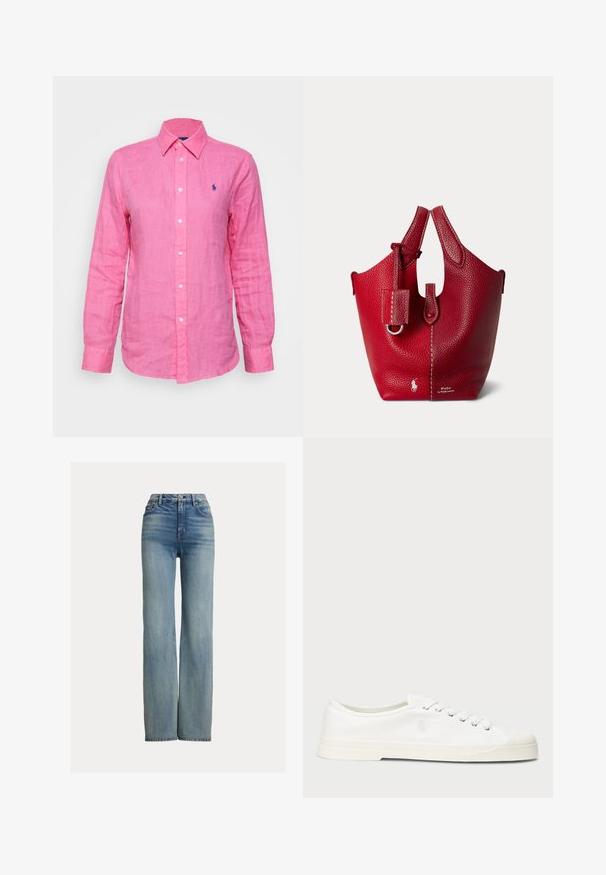 Langærmet, krave skjorte i lys pink linned, med et lille blåt logo på venstre bryst og hvide knapper ned foran.; Højtaljede, lige ben blå jeans med forlommer, bæltestropper og knaplukning, der har subtile slidte detaljer.; Hvide lærredssneakers med rund tå, snørelukning og diskret logo-detalje. Har en tekstureret overflade og gummisål.; Lille rød tekstureret læderhåndtaske med korte håndtag, lukning med frontrem og Polo by Ralph Lauren-logo i hvid nederst.