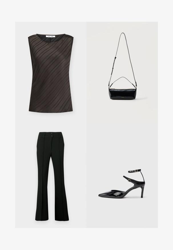 Haut sans manches marron foncé avec des rayures noires diagonales, col rond et étiquette de la marque à l'intérieur du col.; Pantalon évasé noir en tissu lisse, avec une taille haute munie de deux boutons et des plis devant, offrant une apparence élégante et ajustée.; Talons en cuir verni noir avec un bout pointu, des sangles de cheville ajustables et un talon fin. Texture lisse avec une finition brillante.; Sac bandoulière rectangulaire en cuir noir avec bandoulière ajustable, fermeture éclair sur le dessus et petit logo Calvin Klein doré sur le devant.