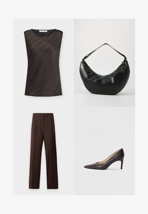 Haut sans manches marron foncé avec des rayures noires diagonales, col rond et étiquette de la marque à l'intérieur du col.; Pantalons droits en chocolat foncé, ajustés, avec une taille et un système de fermeture dissimulé à l'avant sur un fond blanc.; Chaussure à talon haut en cuir marron à bout pointu avec un talon fin de 7 cm, texture lisse et design minimaliste. Pas d'ornements visibles.; Sac à épaule en cuir noir, de forme courbée, avec une texture douce et une seule sangle; il comporte une fermeture éclair dorée et un logo discret.