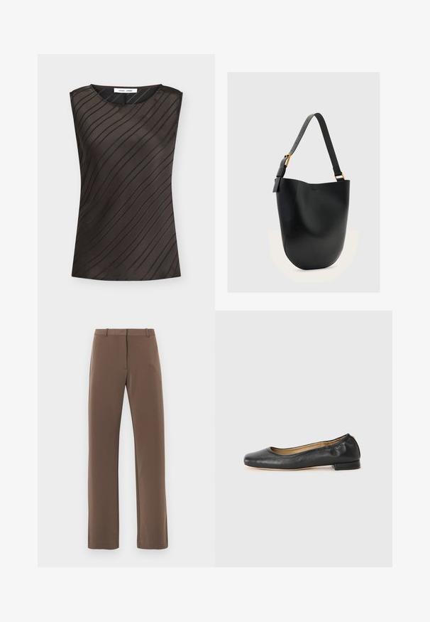 Haut sans manches marron foncé avec des rayures noires diagonales, col rond et étiquette de la marque à l'intérieur du col.; Pantalon marron à jambes droites avec une texture lisse, doté d'une ceinture avec passants et de deux poches latérales. Design classique, sans motifs.; Ballerines en cuir noir avec un bout arrondi et des coutures minimales. Talon bas et rectangulaire avec une texture lisse. Détails subtils de doublure intérieure.; Sac seau en cuir noir avec bandoulière réglable et boucle dorée sur un fond uni gris clair.
