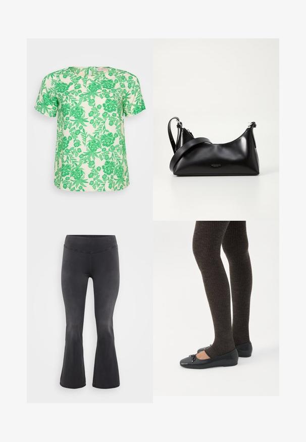 Top de manga corta en tejido crema claro con un vibrante patrón de flores y hojas en verde, que presenta un escote redondo y un corte relajado.; ONLY Carmakoma Flared fit CARROYAL Mid waist - Vaqueros a campana - washed black; Piernas con leggings oscuros acanalados combinados con bailarinas negras que presentan pequeños detalles de lazo sobre un fondo blanco.; Bolso de mano de cuero negro con una textura suave. Cuenta con una correa ajustable y un diseño elegante y minimalista con cierre de cremallera.