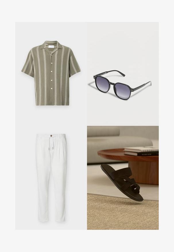 Chemise à manches courtes, couleur vert olive, avec des rayures blanches verticales et un devant à boutons. Fabriquée à partir d'un tissu texturé, avec un col.; Pantalon blanc cintré avec plis devant, un bouton marron et une taille à cordon, présenté sur un fond uni.; Sandale noire à bout ouvert avec des brides croisées flottant au-dessus d’un tapis beige texturé dans un salon moderne.; Lunettes de soleil à monture noire avec des verres dégradés violet en forme de carré arrondi, reposant sur une surface blanche.