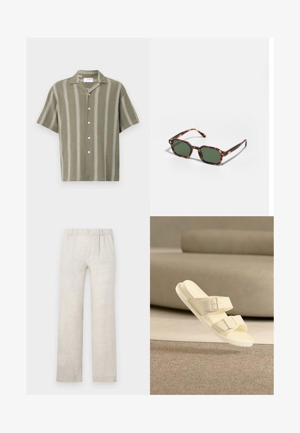 Chemise à manches courtes, couleur vert olive, avec des rayures blanches verticales et un devant à boutons. Fabriquée à partir d'un tissu texturé, avec un col.; Pantalon en lin beige clair avec une coupe droite, une taille élastique et une fermeture à bouton. Texture minimale avec des détails de couture subtils.; Sandale glissière blanc cassé avec deux brides ajustables à boucle, flottant au-dessus d'un tapis beige et d'un canapé dans un cadre intérieur minimaliste.; Lunettes de soleil en écaille de tortue avec des verres verts, présentant une forme octogonale et des branches minces et courbées. Le matériau a une finition brillante.