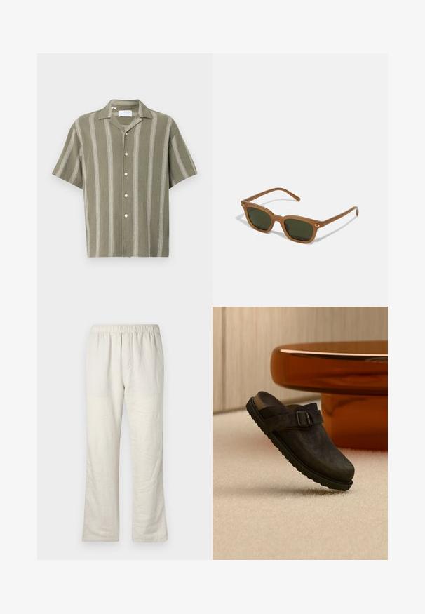 Korte mouwen, olijfgroen shirt met verticale witte strepen en een knoopsluiting aan de voorkant. Gemaakt van gestructureerde stof, met een kraag.; Beige lichtgewicht linnen broek met elastische tailleband, rechte pijpen en geen zichtbare zakken of sluitingen.; Donkerbruine instapschoen met gespsluiting en geribbelde zool, weergegeven op een beige tapijt naast een ronde amberkleurige tafel.; Bruine acetaatsunglasses met donkergroene lenzen, rechthoekige vorm en gouden accenten op de pootjes. Gladde textuur, minimalistisch ontwerp.