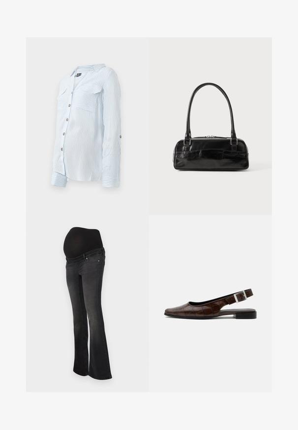 Chemise à rayures bleu clair avec un col boutonné et des manches longues, deux poches poitrine, et des manches retroussées fixées par des boutons. Tissu doux et léger.; Jeans de maternité en denim gris foncé avec un panneau noir extensible pour le soutien du ventre, design à jambe évasée et style classique à cinq poches.; Chaussure plate slingback en cuir marron foncé avec bout carré, texture crocodile et boucle argentée sur la bride.; Sac à main en cuir noir de forme rectangulaire, doté d'une seule ansse structurée, de quincaillerie argentée et d'une fermeture éclair. Texture lisse.