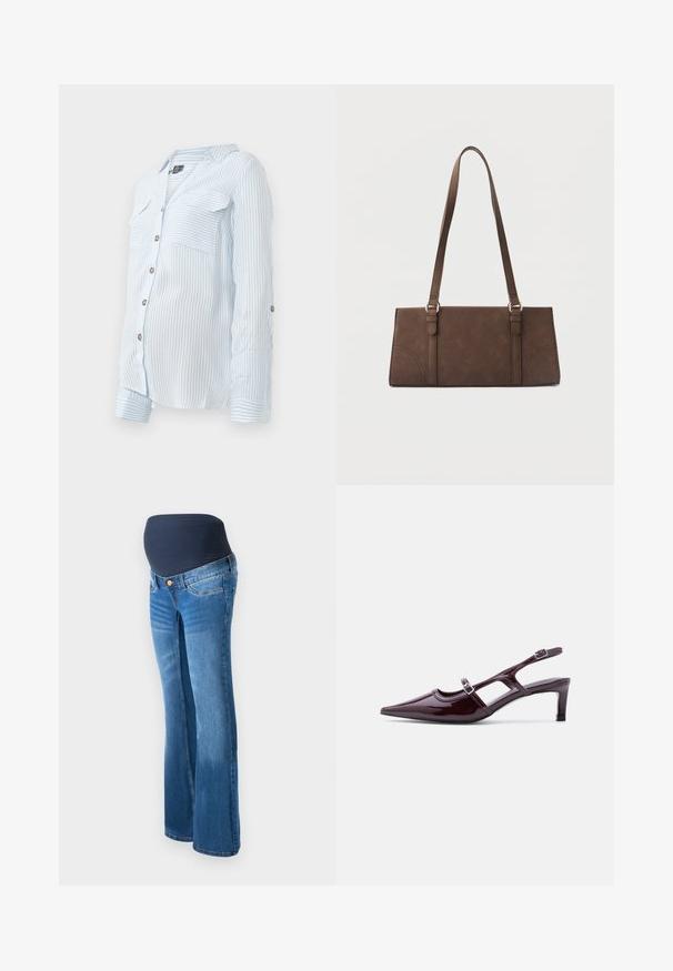 Lysblå stribet skjorte med knapper og lange ærmer, to brystlommer og oprullede ærmer, der er sikret med knapper. Blødt, letvægts stof.; Graviditetsjeans lavet af blå denim, med en mørkeblå strækpanel i taljen, udfoldede ben og klassisk fem-lomme design.; Bordeaux laklæder slingback-sko med spids tå, lav hæl og dobbelte justerbare spænderem.; Brun rektangulær skuldertaske med lange stropper og minimale syningsdetaljer på en ensfarvet baggrund.
