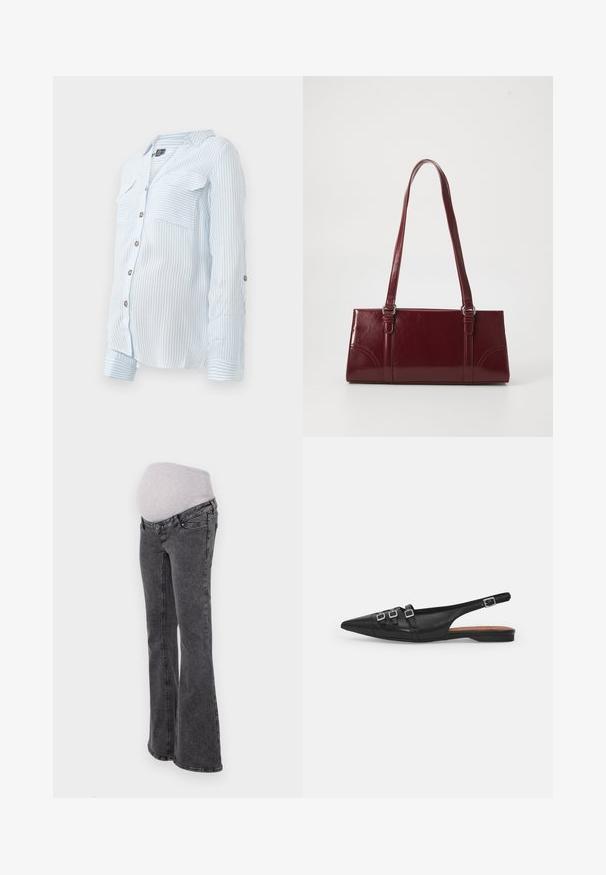 Lysblå stribet skjorte med knapper og lange ærmer, to brystlommer og oprullede ærmer, der er sikret med knapper. Blødt, letvægts stof.; Graviditetsjeans med en tætsiddende grå strækbund, flared ben og en mørkegrå denimfinish, der har standard syninger og lommer.; Sort læderslyngeflad sko med spids tå, der har to vandrette stropper og firkantede sølvspænder, lav hæl og glat tekstur.; Bordeaux håndtaske lavet af glansfuldt materiale, rektangulær form, med to skulderremme og subtile buede detaljer på forsiden.