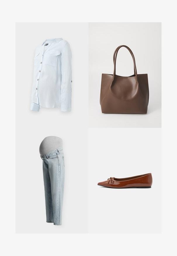 Lysblå stribet skjorte med knapper og lange ærmer, to brystlommer og oprullede ærmer, der er sikret med knapper. Blødt, letvægts stof.; Lyseblå graviditetsjeans med en strækbar grå panel, der dækker graviditetskuglen, vist fra siden på en ensfarvet baggrund.; Brune ballerina flats i laklæder med spids tæer, en sløjfe på toppen og en tynd sort sål.; Brun læder tote taske med to lange håndtag, struktureret form, glat tekstur og minimalistisk design. Ingen synligt hardware eller accenter.