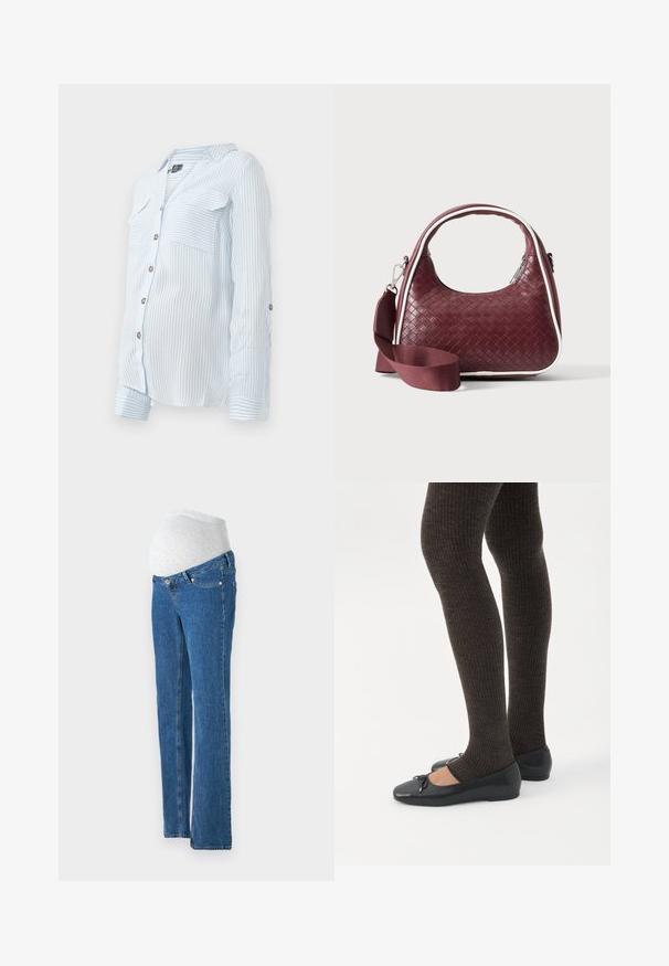 Lichtblauwe gestreepte overhemd met lange mouwen, twee borstzakken en opgerolde mouwen vastgemaakt met knopen. Zacht, lichtgewicht stof.; Vero Moda Maternity Straight fit maternity - Straight leg jeans - medium blue denim; Benen met donkere geribbelde leggings gecombineerd met zwarte ballerina's met kleine strikdetails op een witte achtergrond.; Donkerrode geweven leren handtas met gebogen handvat, witte bies, zilveren rits en afneembare brede stoffen schouderriem tegen een effen achtergrond.