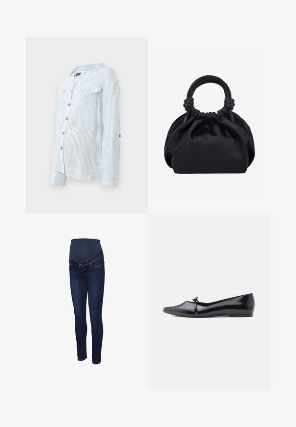 Lysblå stribet skjorte med knapper og lange ærmer, to brystlommer og oprullede ærmer, der er sikret med knapper. Blødt, letvægts stof.; Mørkeblå graviditetsjeans med et strækbart panel ved taljen, slank pasform og klassisk fem-lomme design med kontrastsyninger.; Sort laklæderballerina med spids tå, dekorativ rem og glat tekstur. Minimalistisk design uden synlige detaljer.; Sort blød stofhåndtaske med samlet top og cirkulære polstrede håndtag bundet med knuder på hver side.